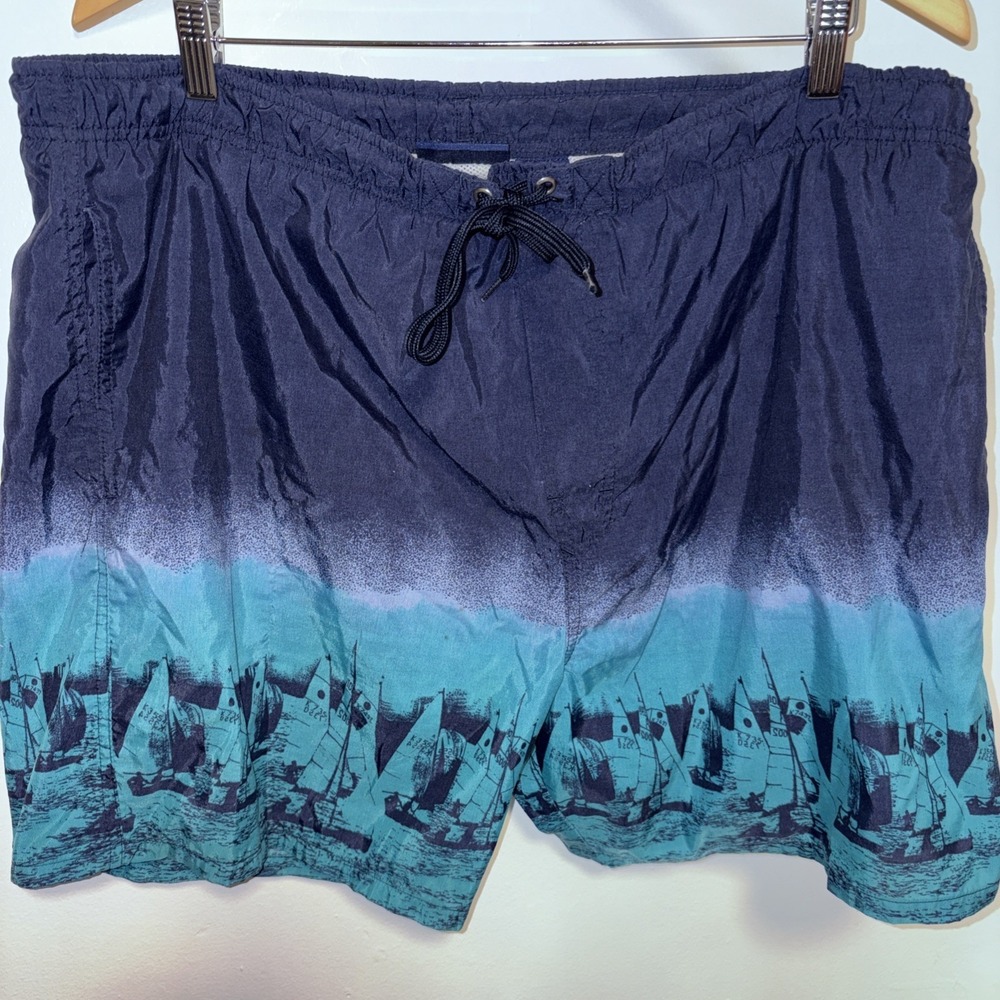 Catalina Men's Blue Sail boats Swim Trunks 8" Elastic Waist Mesh Liner L